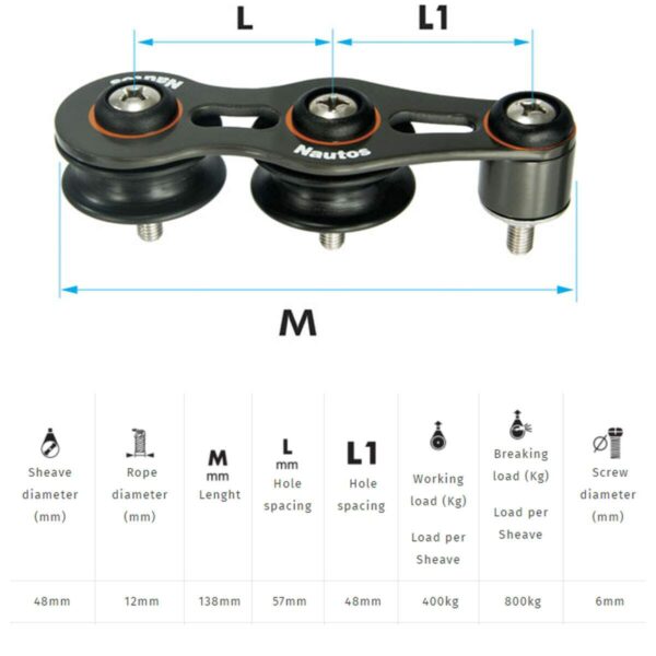 Passador Nautos 91206N 48mm Duplo Roldanas Nylon - Imagem 3