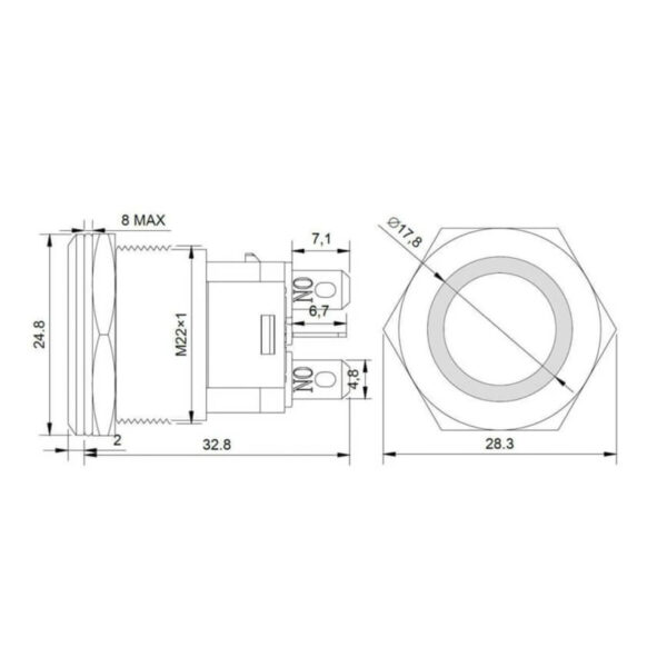 Botão Náutico Momentâneo Off Inox LED Vermelho 22mm 12-24v - Imagem 2